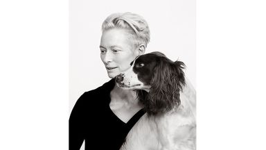 ONE USE ONLY     Tilda Swinton with Springer Spaniel Louis  Celebrity portrait photographer Andy Gotts has created a series of stunning images of the UK's most famous faces - and their dogs.   Must Credit: Andy Gotts / Guide Dogs
